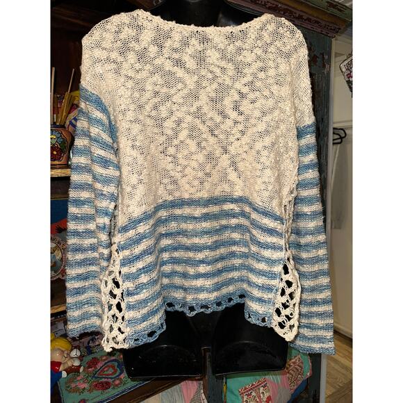 FREE PEOPLE FRENCH CREEK COTTON SLUB KNIT STRIPED SWEATER W/ CROCHET SIDES S - Picture 3 of 11